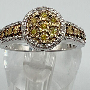 Designer Signed Sterling Silver 925 Illusion Set Yellow Diamond - Size 9